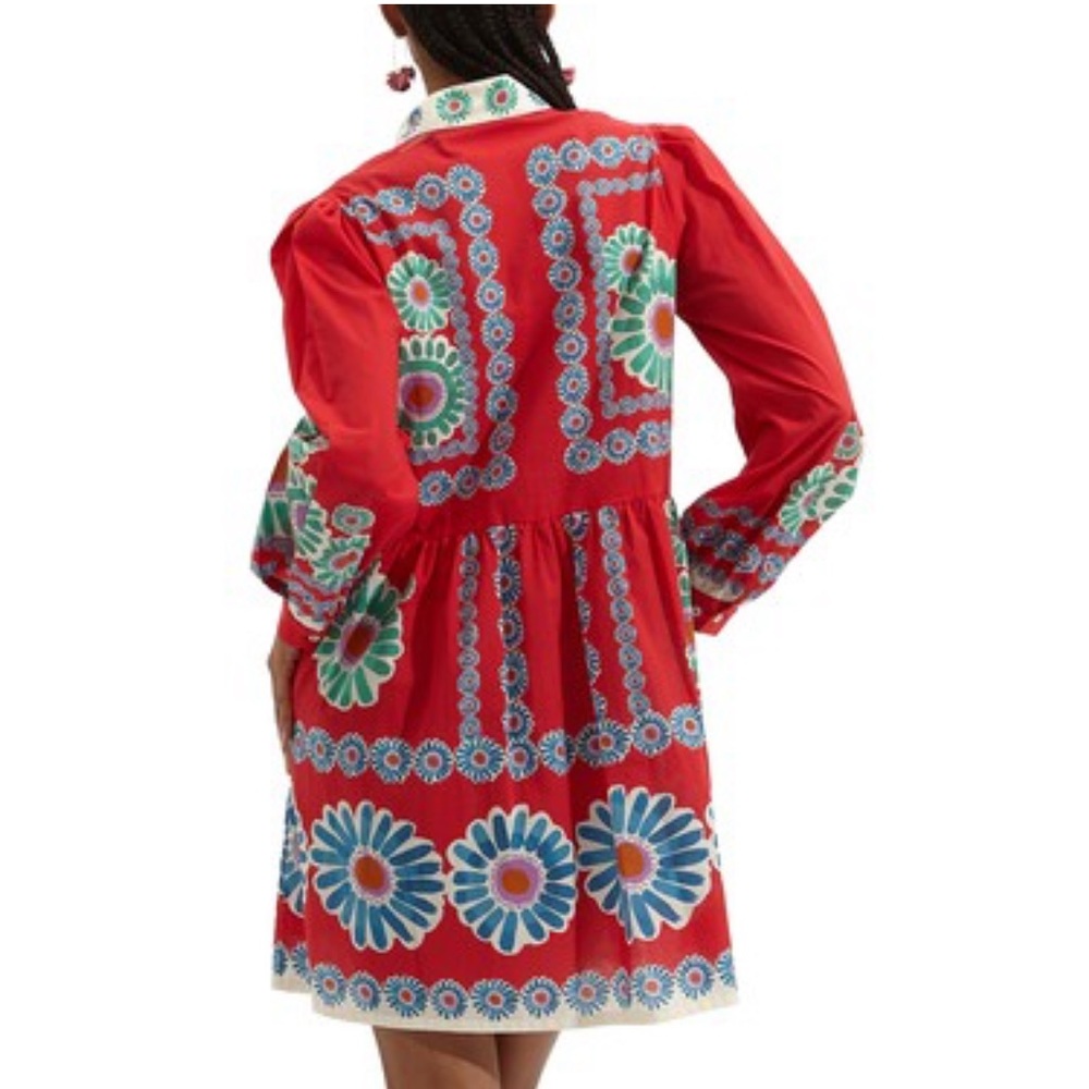 LA DoubleJ Red Floral Appliqué Long-Sleeve Mini Dress with Multicolor Motifs - Picture 2 of 4